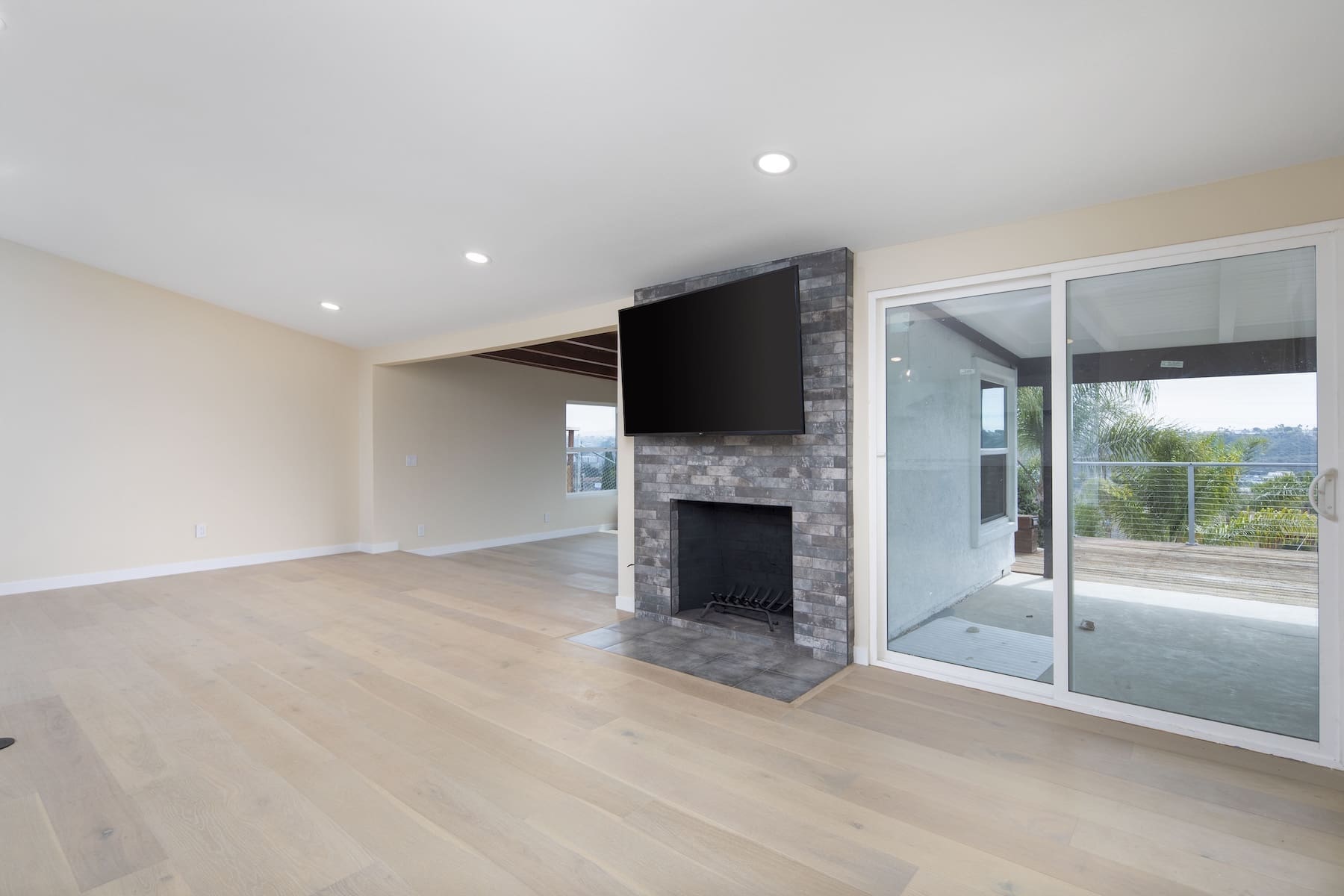 a room with a fireplace and a glass door