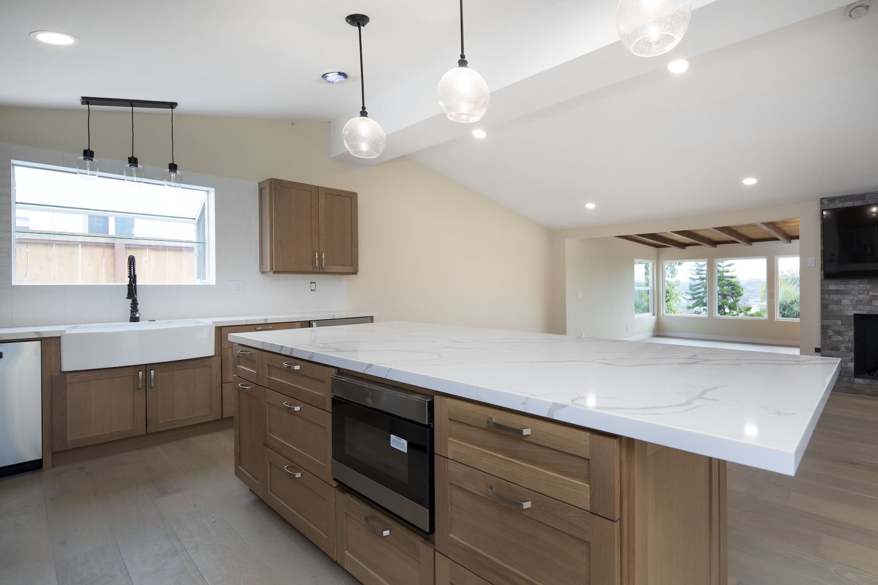 a kitchen with a large island